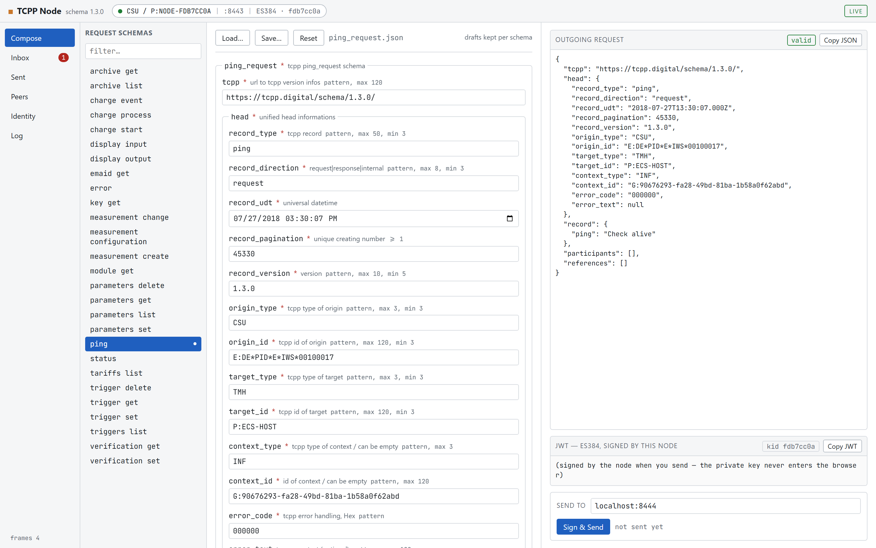 The TCPP Node window: header, navigation rail, schema list, generated form, and the outgoing request and JWT panels.