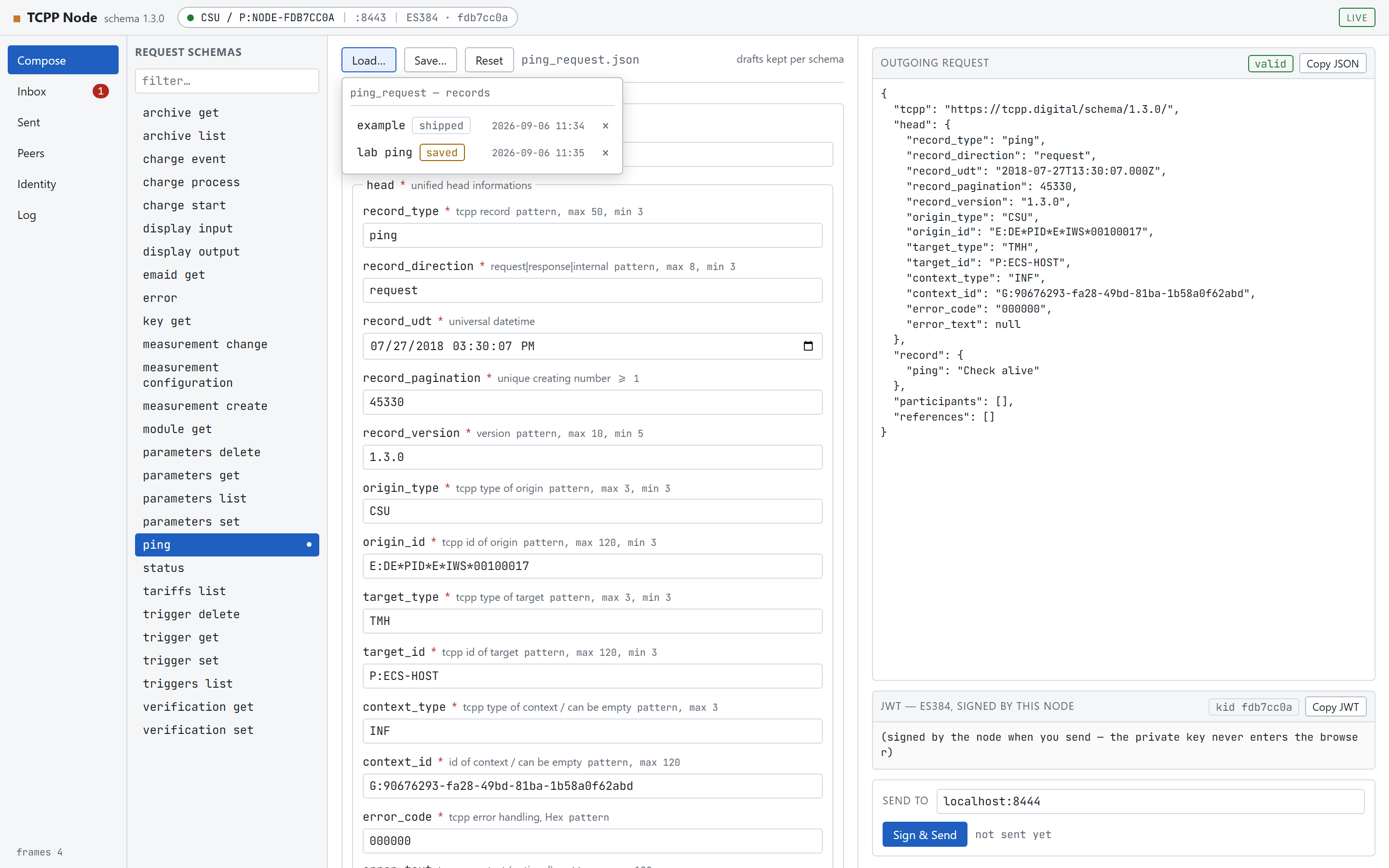 The Load popover listing the shipped example record and a saved record named lab ping.