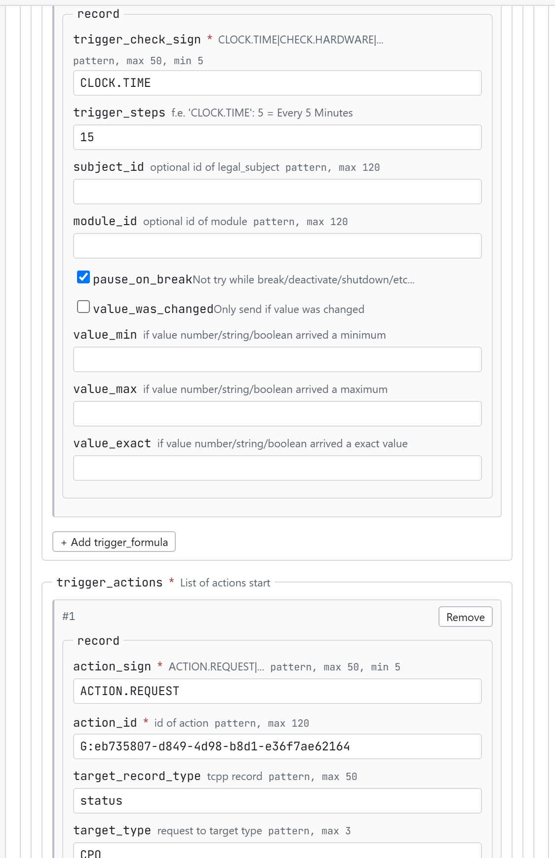 The trigger_set form scrolled to the record section, showing checkboxes, an array item card with a Remove button and an Add trigger_formula button.