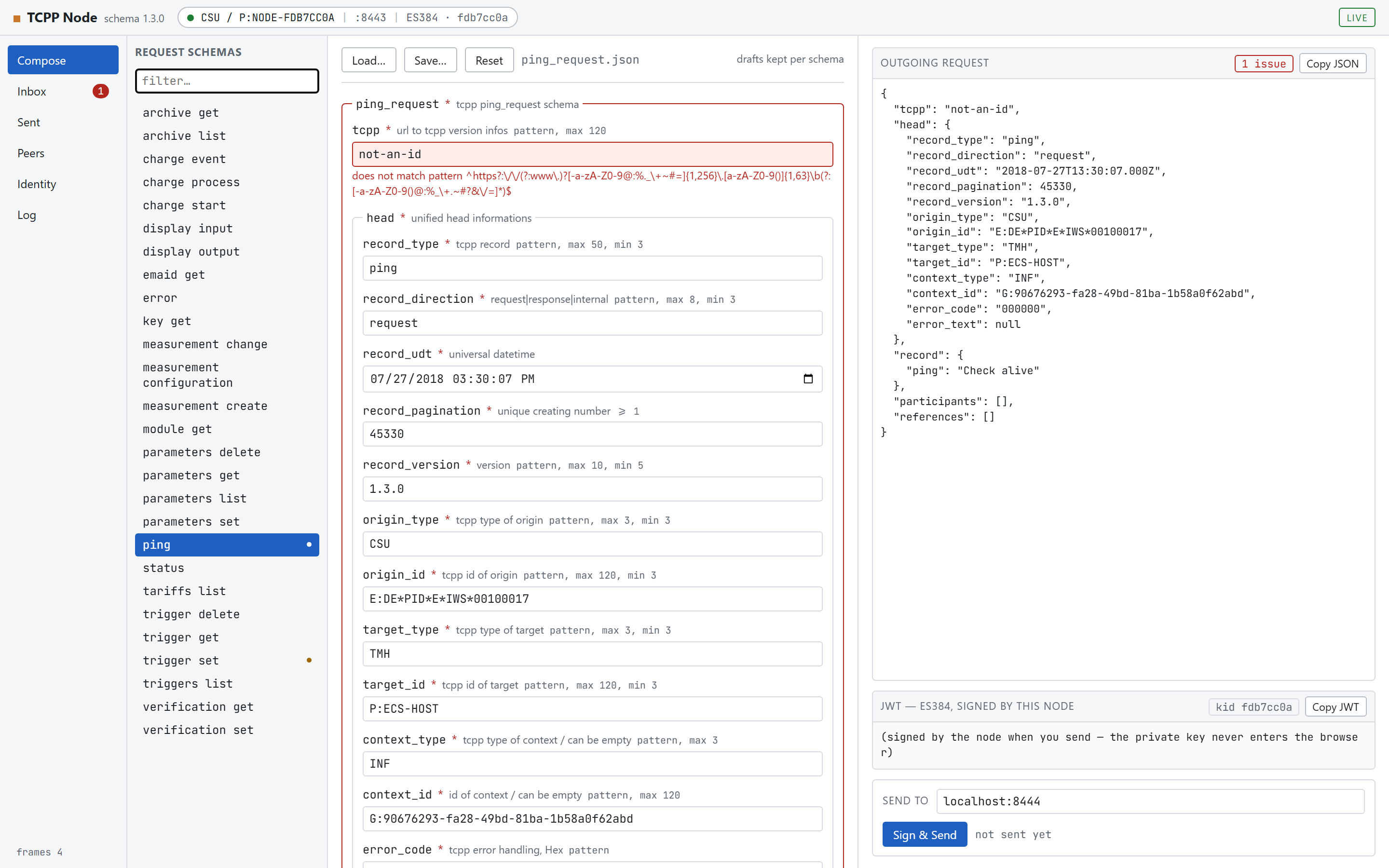A compose form with one field marked red, the failure reason printed under it, and a red '1 issue' badge above the JSON pane.