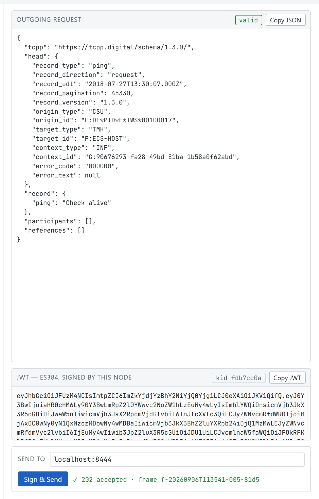 The outgoing request panel, the filled JWT panel and the send bar reporting 202 accepted with a frame id.