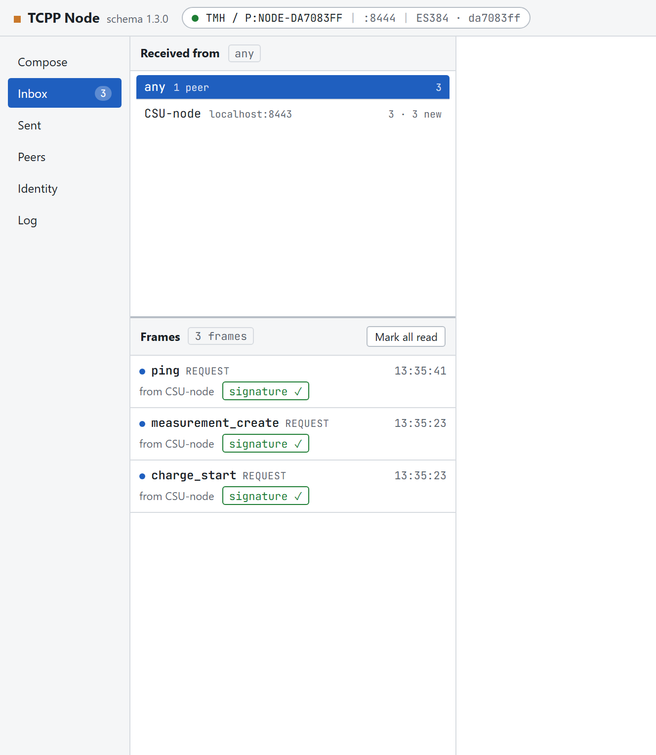 The inbox: a peer filter listing 'any' and CSU-node above a list of three received frames with unread dots and signature badges.