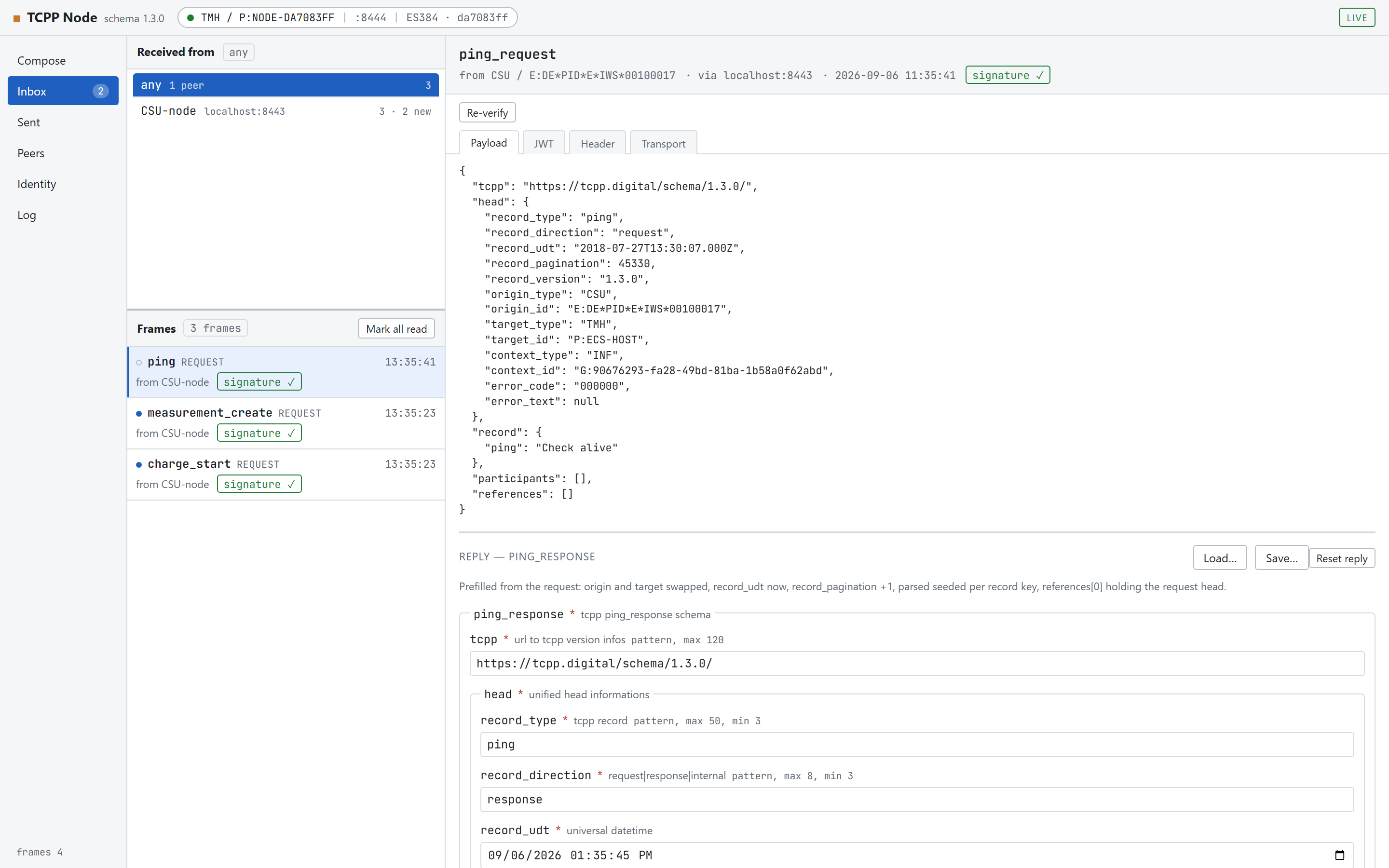 A received ping request opened: title, origin, peer address, timestamp, signature badge, Re-verify button and the Payload tab showing formatted JSON.