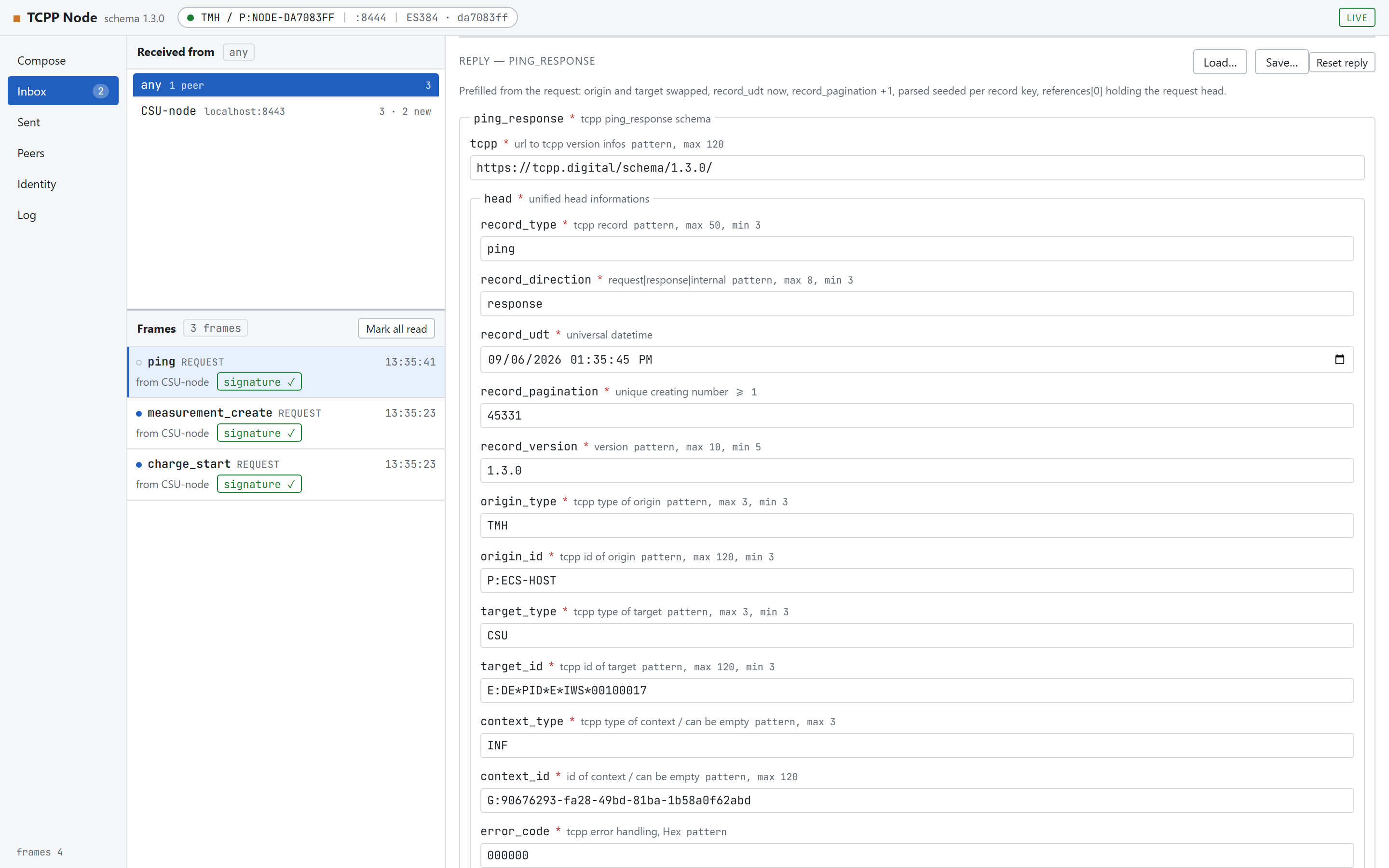 The reply block: a Reply: ping_response header, a note on what was prefilled, and the generated response form with swapped origin and target.