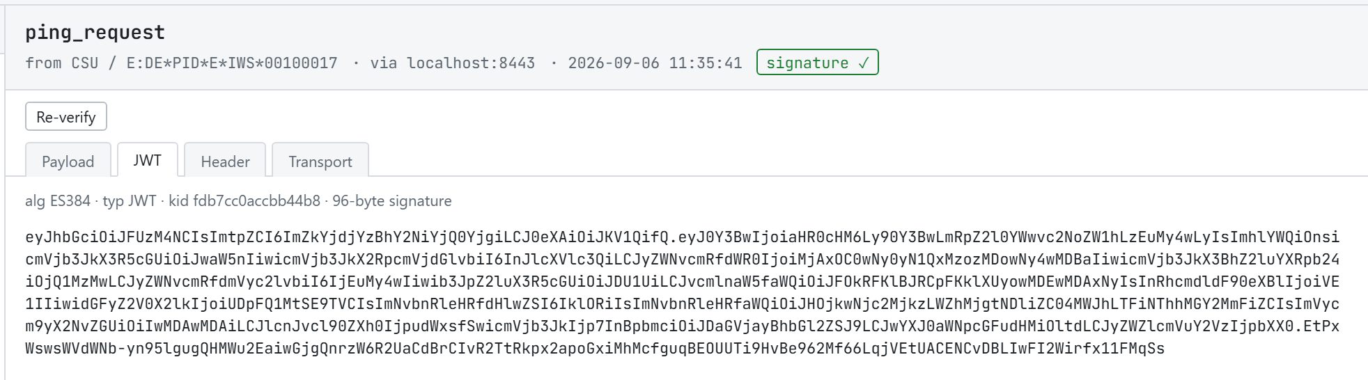 The JWT tab showing 'alg ES384 · typ JWT · kid … · 96-byte signature' above the raw compact token.