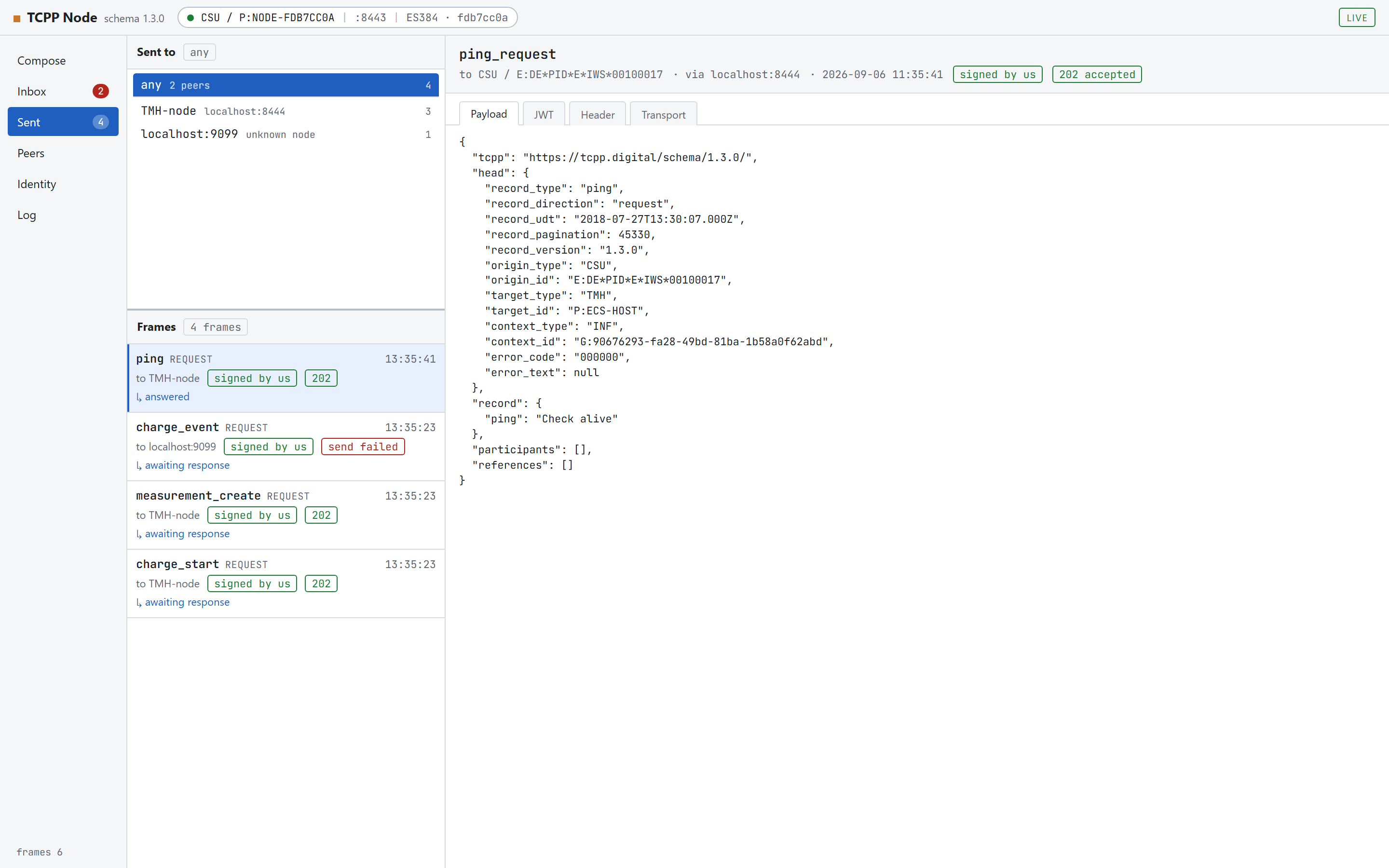 The Sent view: four outgoing frames, one marked 'answered', one showing 'send failed', and the payload of the selected ping request.
