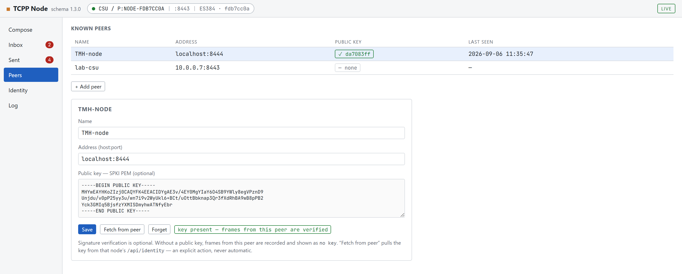 The Peers view: a table with TMH-node holding a key and lab-csu without one, and the editor card for the selected peer.
