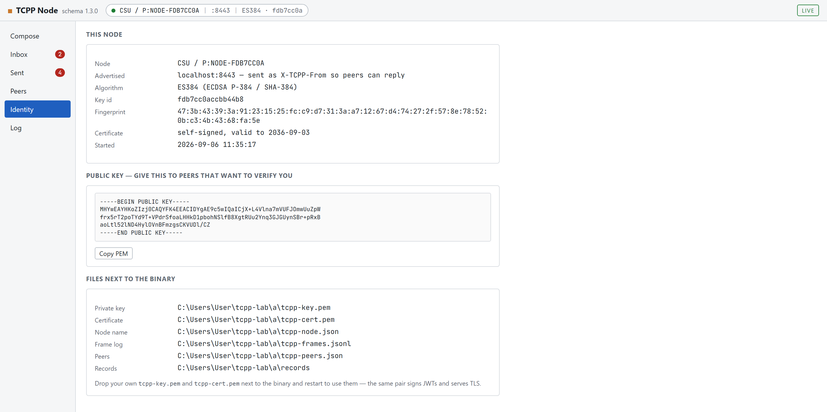 The Identity view: node type and id, advertised address, algorithm, key id, fingerprint, certificate validity, start time, the public key PEM and the file paths.