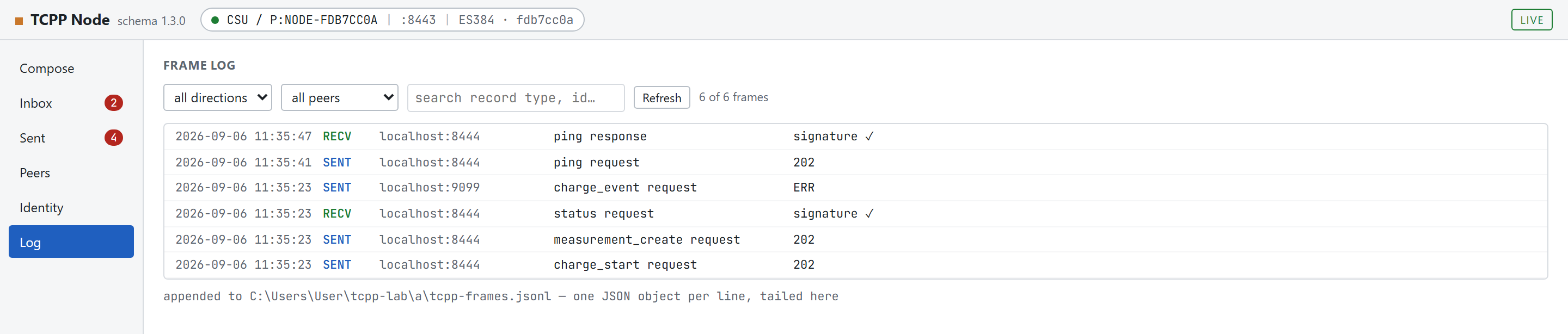 The Log view: filters for direction and peer, a search box, and six dense lines showing timestamp, direction, peer, record type and state.