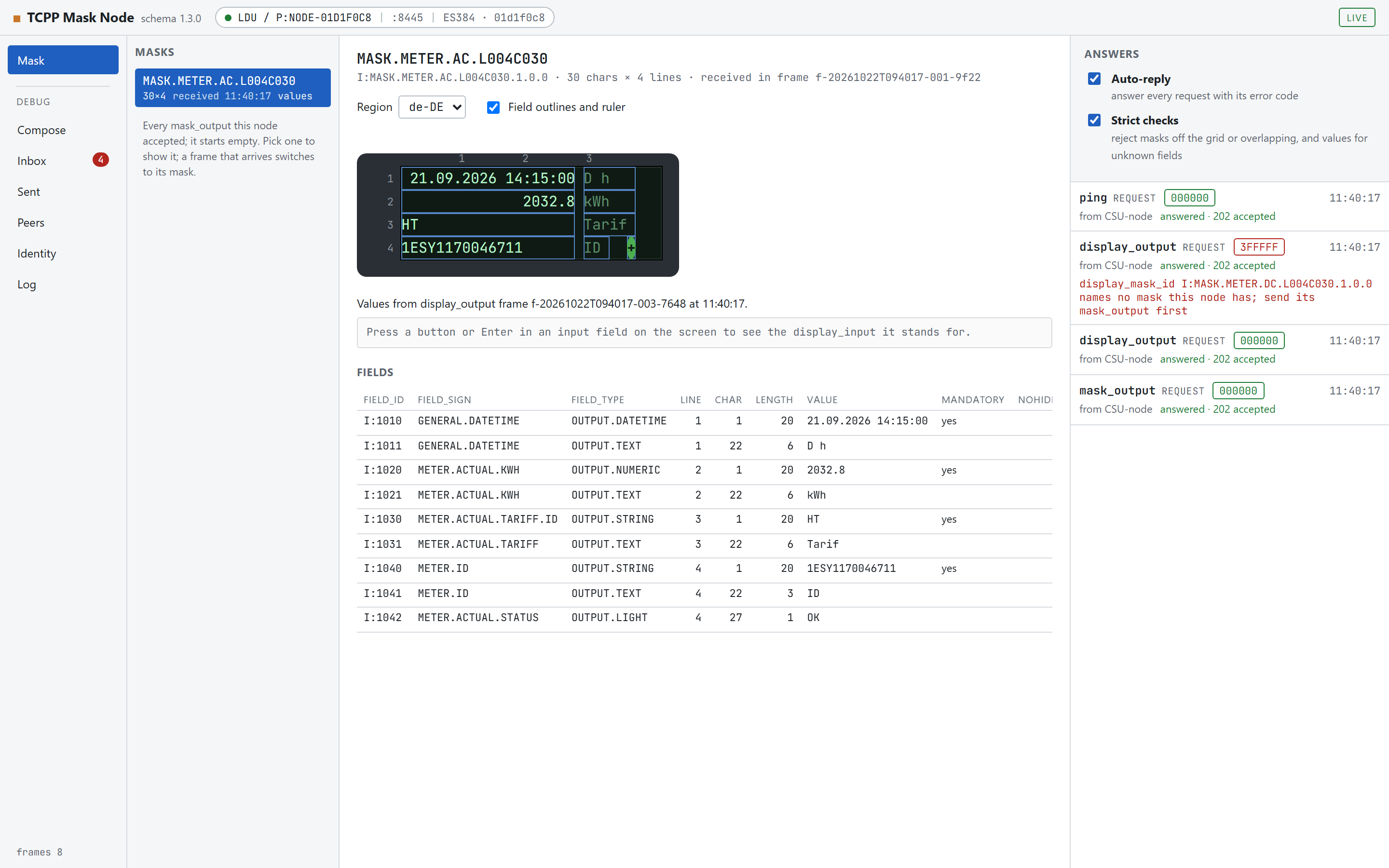 The TCPP Mask Node window: the mask library on the left, the meter mask drawn as a device screen with its field table in the middle, and the answers with the Auto-reply and Strict checks switches on the right.