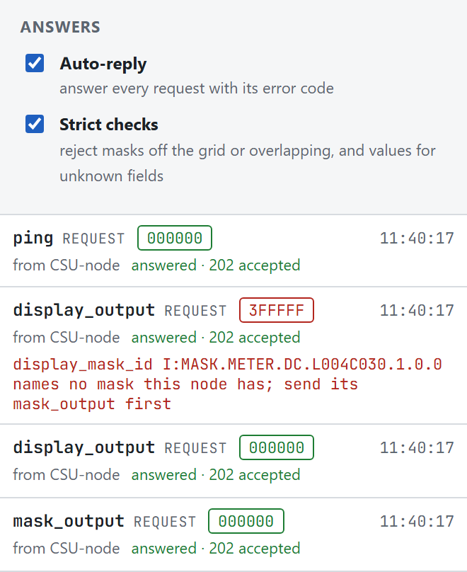 The Answers column: Auto-reply and Strict checks both on, and four answered requests, three with 000000 and one display_output with 3FFFFF and the text 'display_mask_id … names no mask this node has; send its mask_output first'.